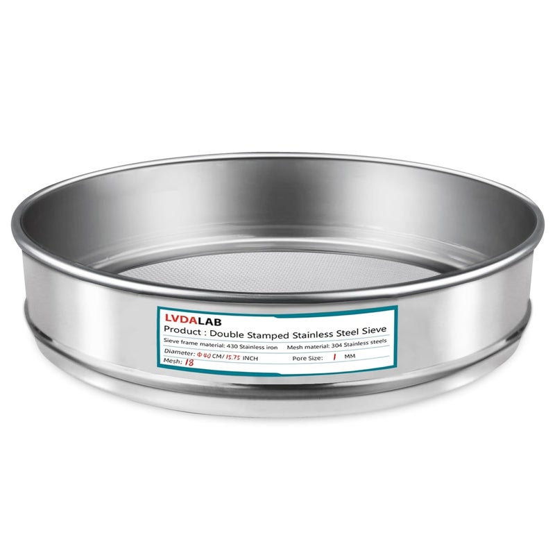 LVDALAB 304 Stainless Steel Lab Sieve Screen Mesh, 18 Mesh (1mm) Aperture Test Sieve, 15.75''(40cm) Diameter Economy Standard Analysis Sample Test Sieves for Industrial Laboratory Homes - Image 1